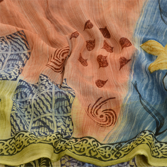 Sanskriti Vintage Sarees Peach Pure Georgette Silk Printed Sari 5yd Craft Sustainable Fabric