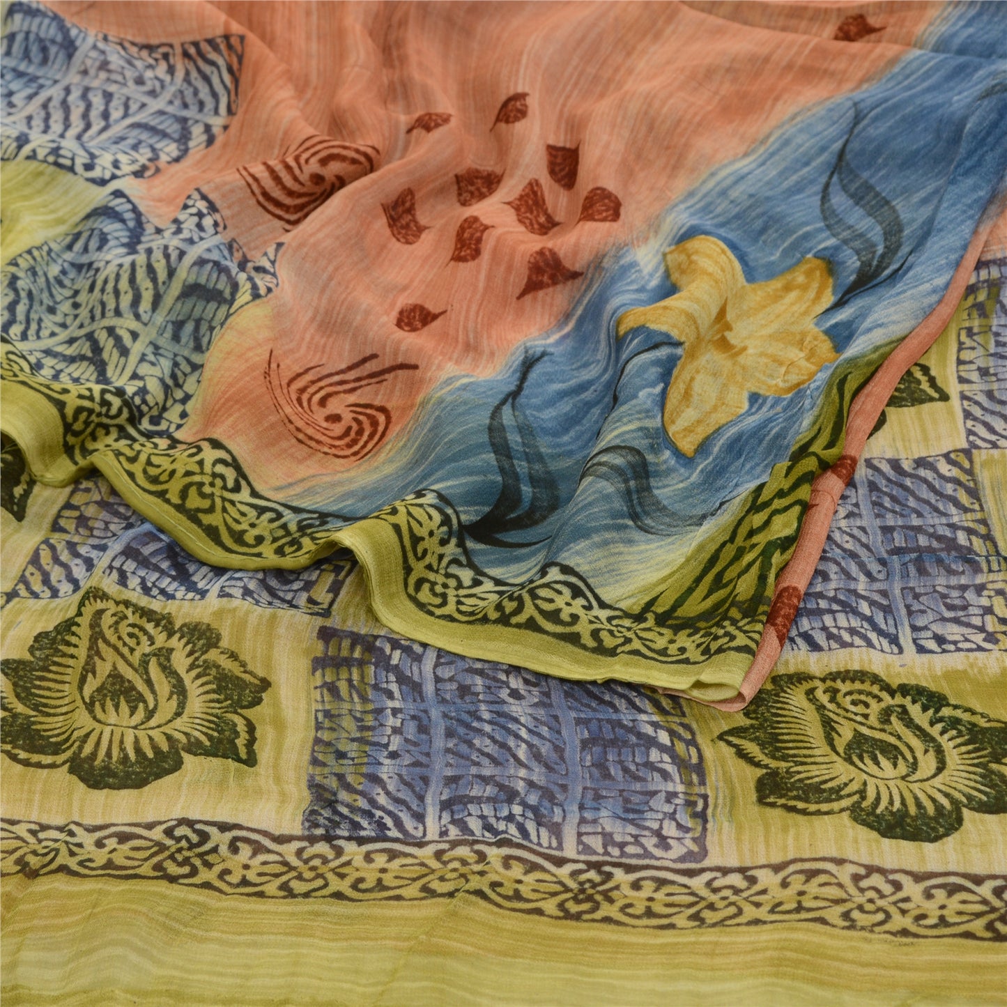 Sanskriti Vintage Sarees Peach Pure Georgette Silk Printed Sari 5yd Craft Sustainable Fabric