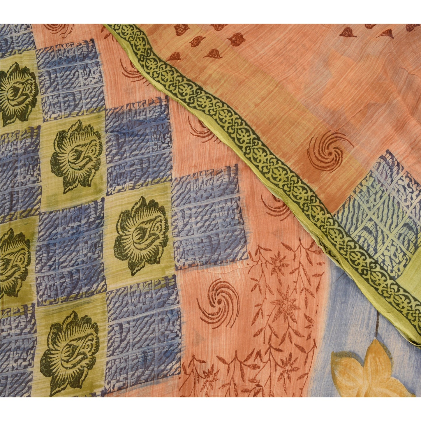Sanskriti Vintage Sarees Peach Pure Georgette Silk Printed Sari 5yd Craft Sustainable Fabric