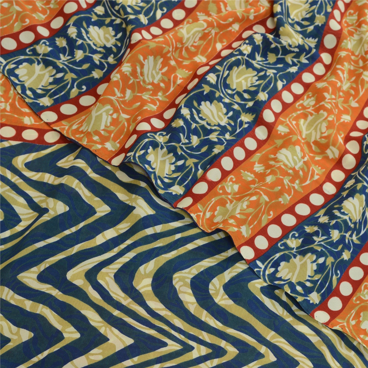 Sanskriti Vintage Sarees Indian Orange & Blue Georgette Print Sari Craft Sustainable Fabric