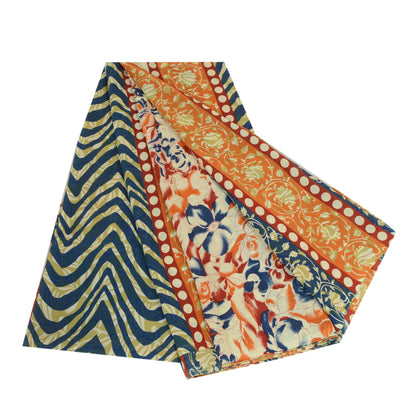 Sanskriti Vintage Sarees Indian Orange & Blue Georgette Print Sari Craft Sustainable Fabric