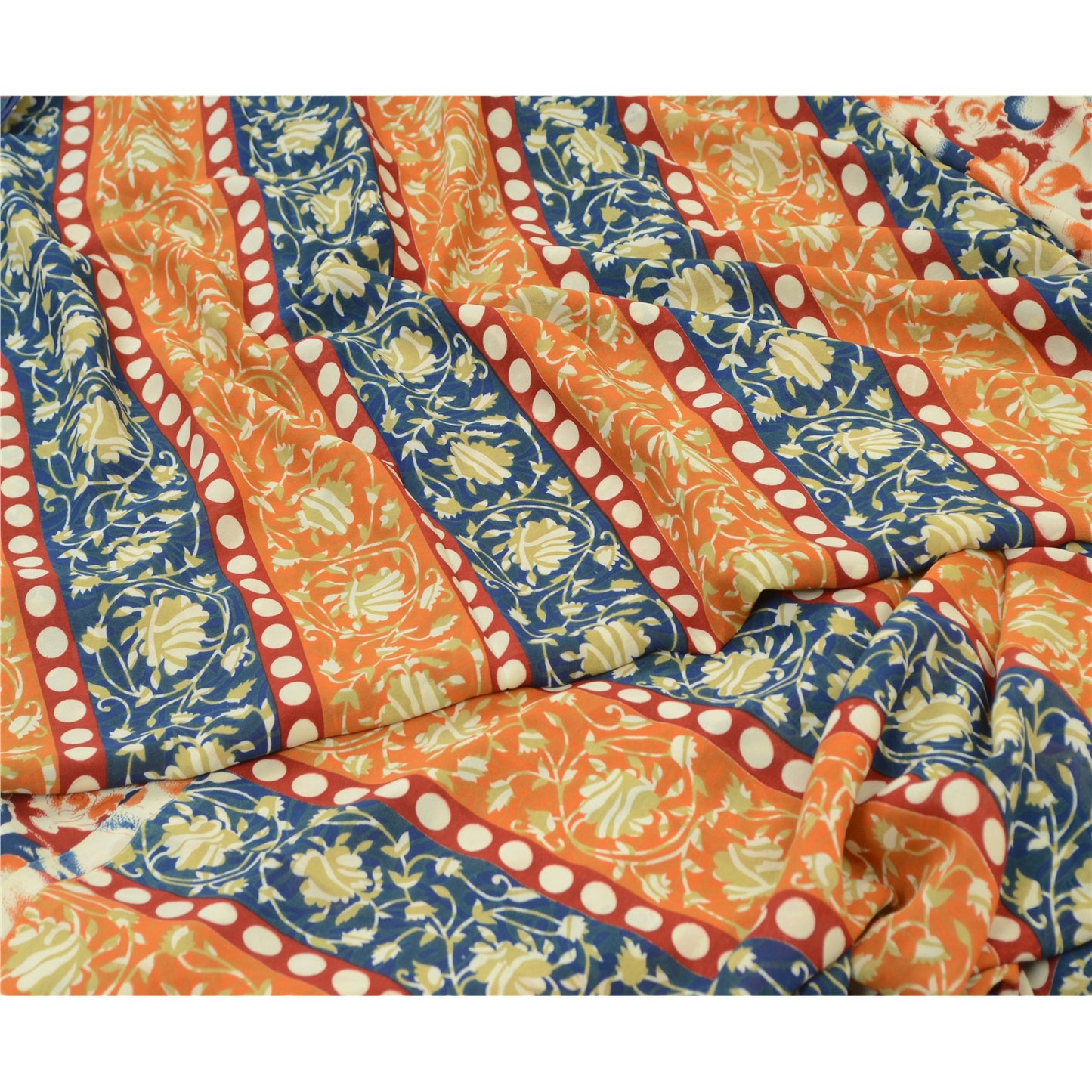 Sanskriti Vintage Sarees Indian Orange & Blue Georgette Print Sari Craft Sustainable Fabric