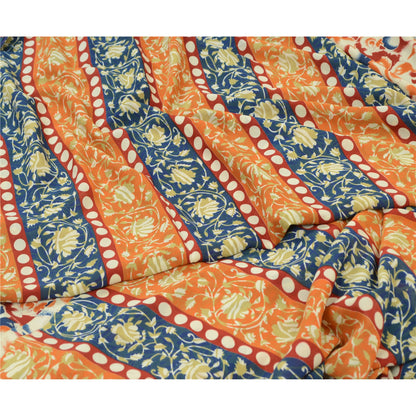 Sanskriti Vintage Sarees Indian Orange & Blue Georgette Print Sari Craft Sustainable Fabric