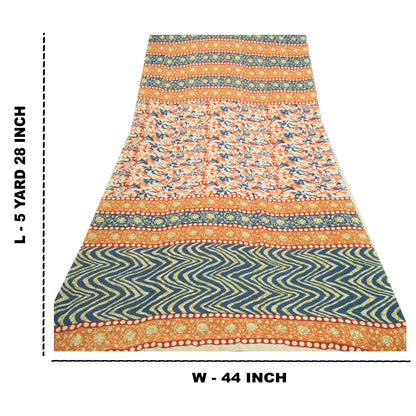 Sanskriti Vintage Sarees Indian Orange & Blue Georgette Print Sari Craft Sustainable Fabric