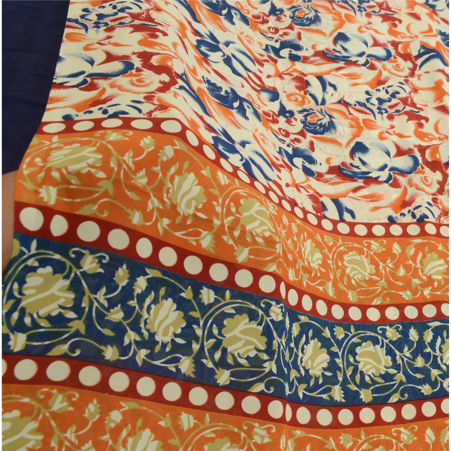 Sanskriti Vintage Sarees Indian Orange & Blue Georgette Print Sari Craft Sustainable Fabric