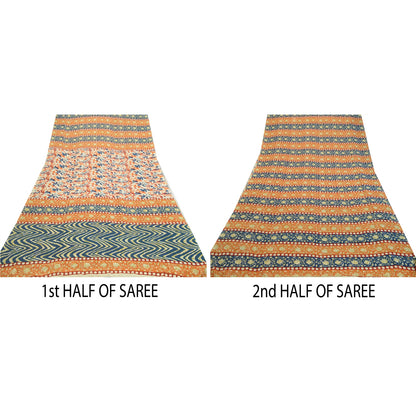 Sanskriti Vintage Sarees Indian Orange & Blue Georgette Print Sari Craft Sustainable Fabric