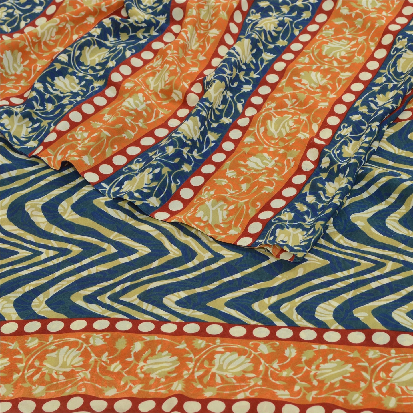 Sanskriti Vintage Sarees Indian Orange & Blue Georgette Print Sari Craft Sustainable Fabric