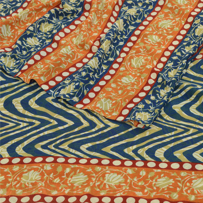Sanskriti Vintage Sarees Indian Orange & Blue Georgette Print Sari Craft Sustainable Fabric