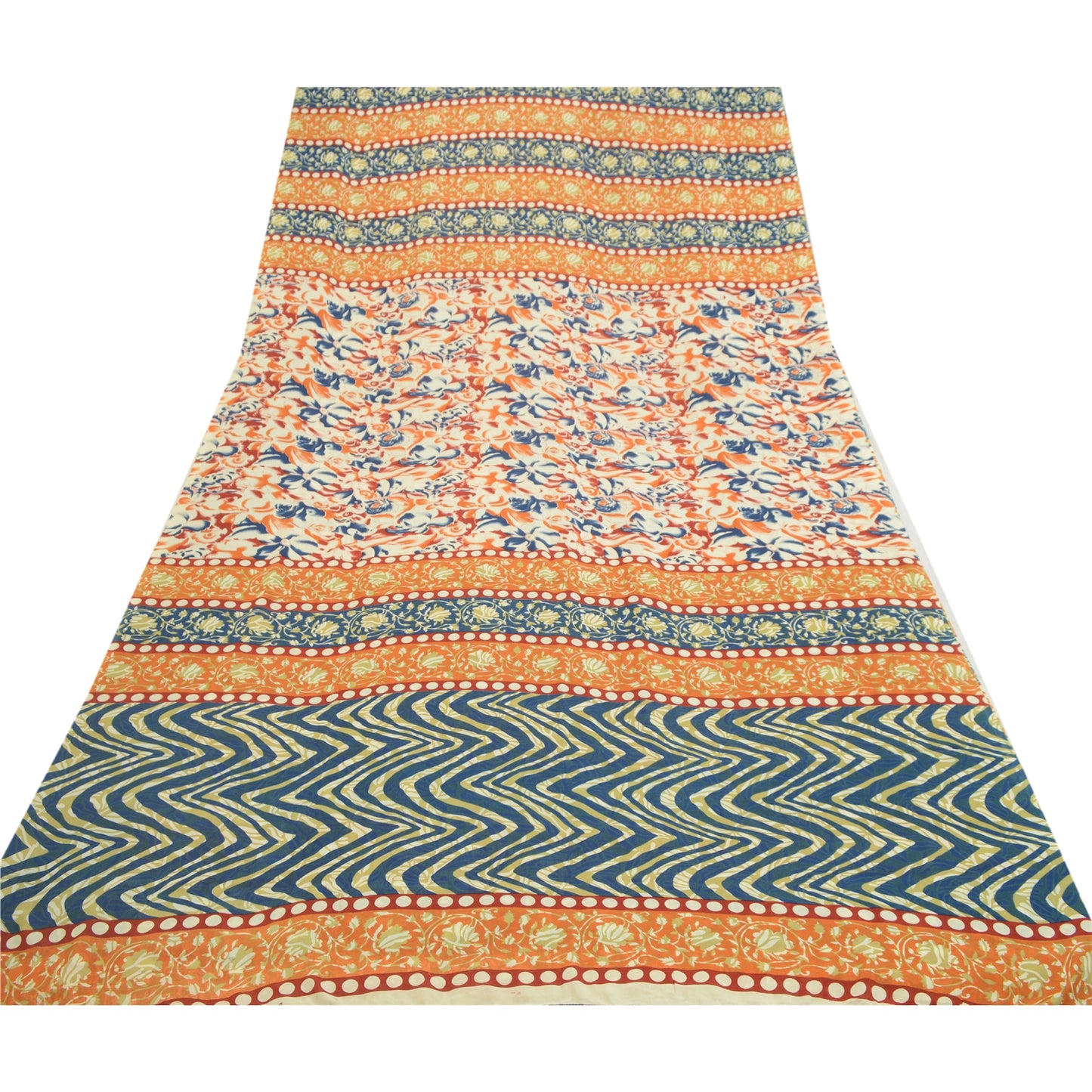 Sanskriti Vintage Sarees Indian Orange & Blue Georgette Print Sari Craft Sustainable Fabric