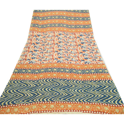 Sanskriti Vintage Sarees Indian Orange & Blue Georgette Print Sari Craft Sustainable Fabric