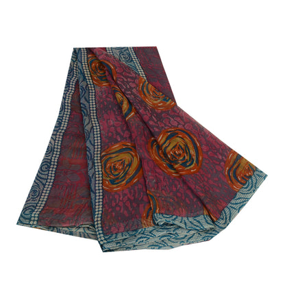 Sanskriti Vintage Sarees Indian Blue Pure Georgette Silk Print Sari Craft Sustainable Fabric