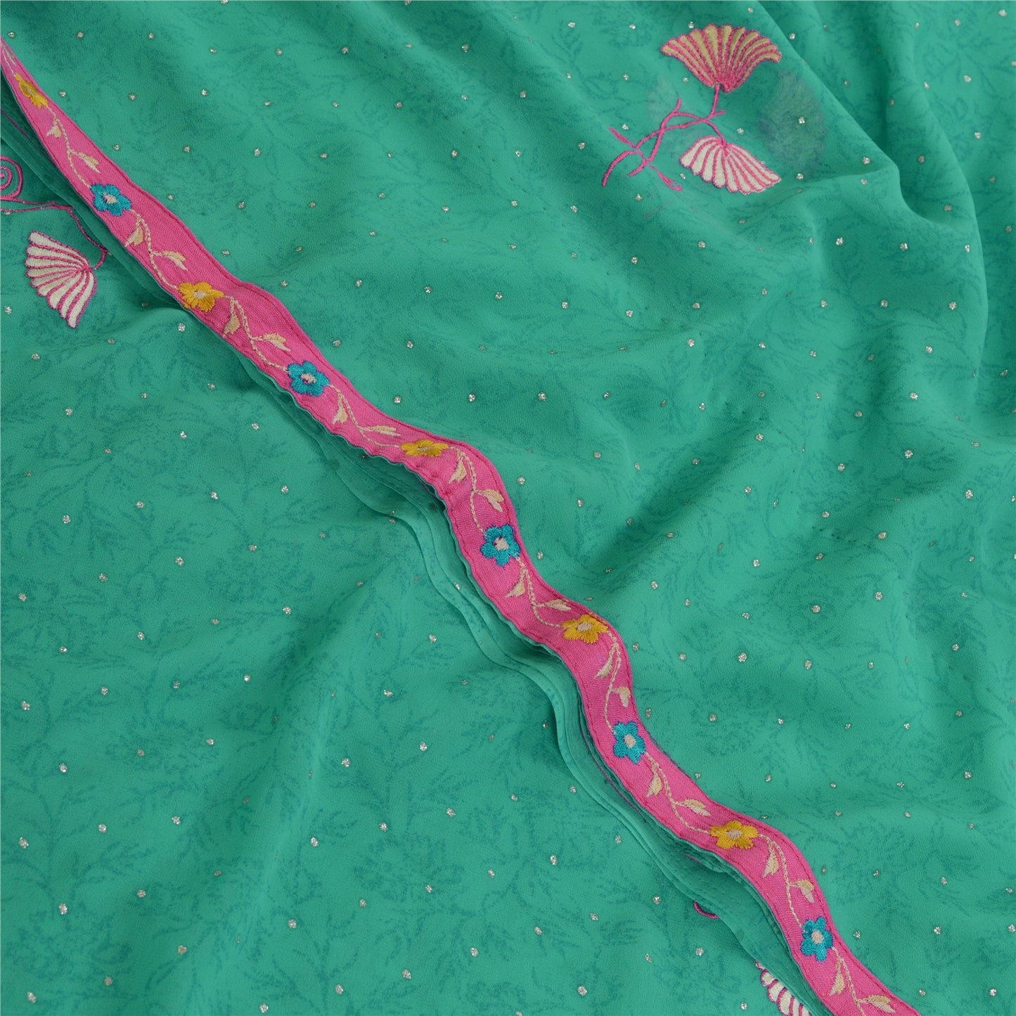 Sanskriti Vintage Sarees Green Ebroidered Mukesh Work Georgette Sari 5yd Sustainable Fabric