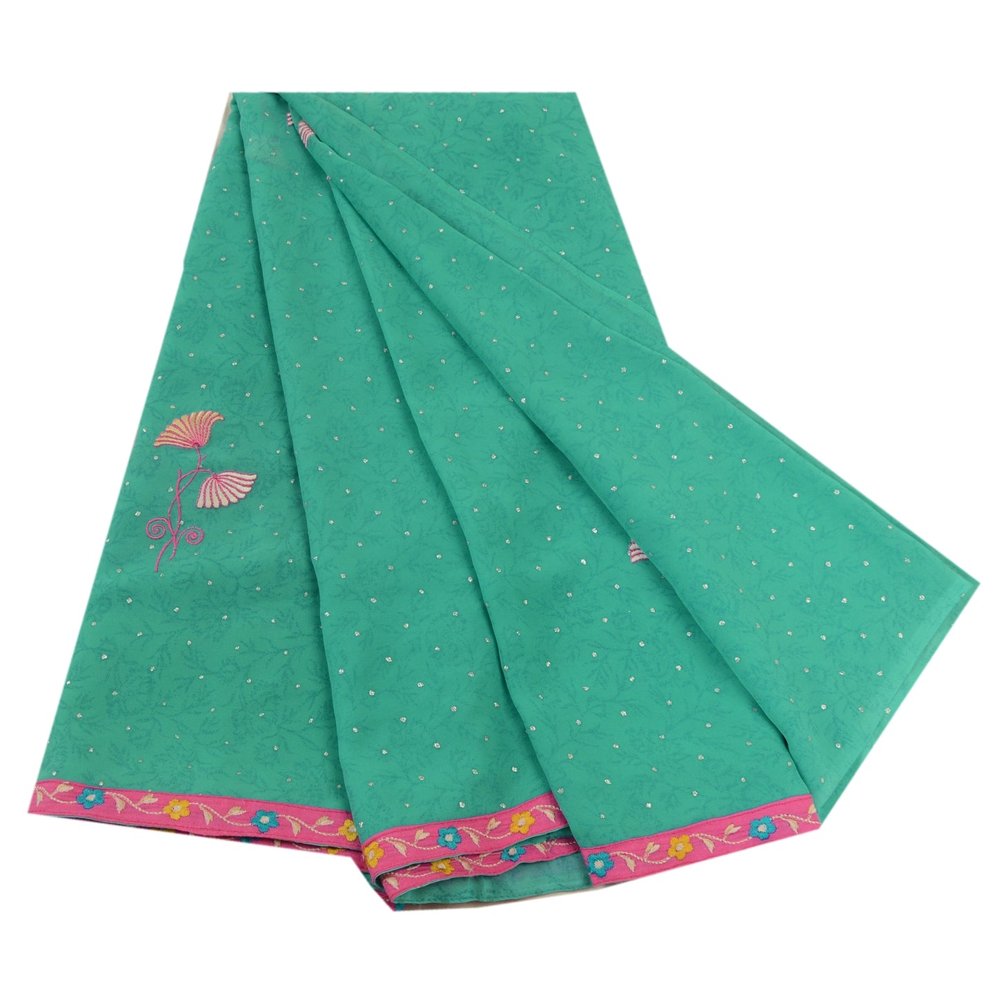 Sanskriti Vintage Sarees Green Ebroidered Mukesh Work Georgette Sari 5yd Sustainable Fabric