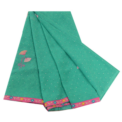 Sanskriti Vintage Sarees Green Ebroidered Mukesh Work Georgette Sari 5yd Sustainable Fabric