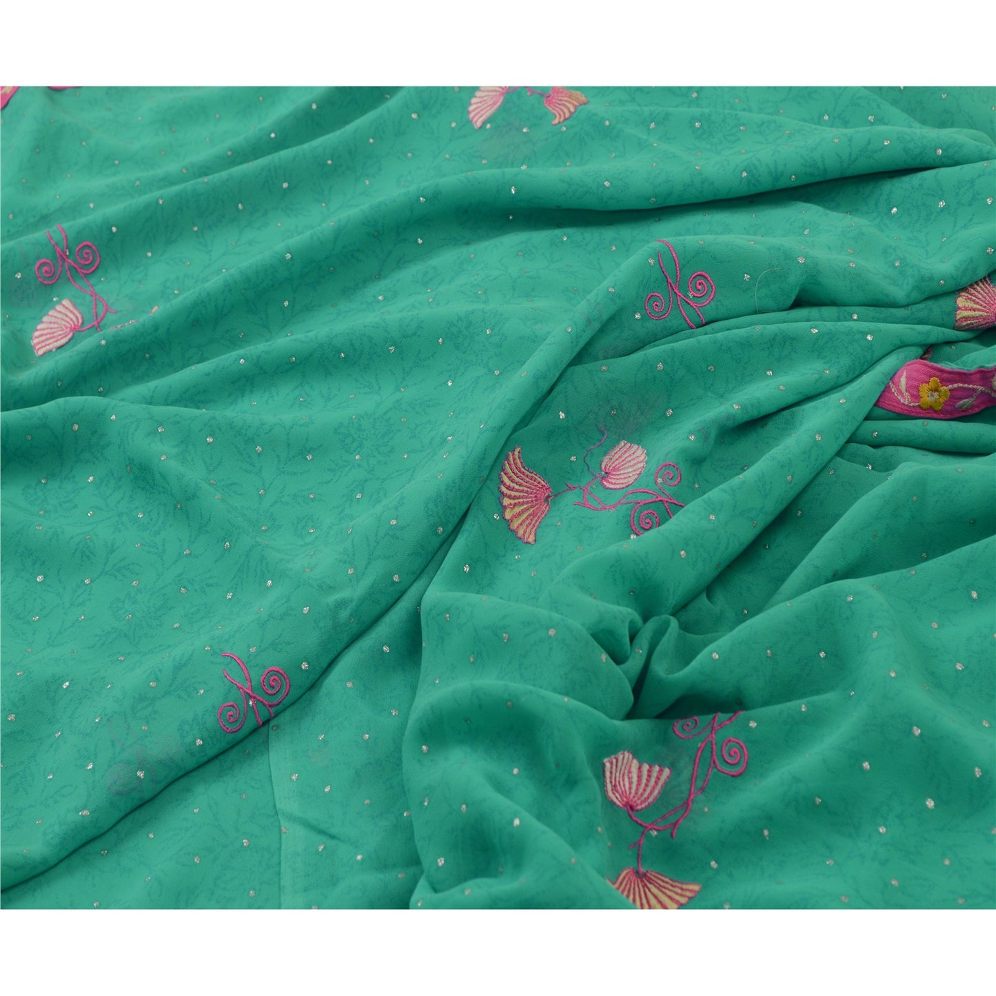 Sanskriti Vintage Sarees Green Ebroidered Mukesh Work Georgette Sari 5yd Sustainable Fabric