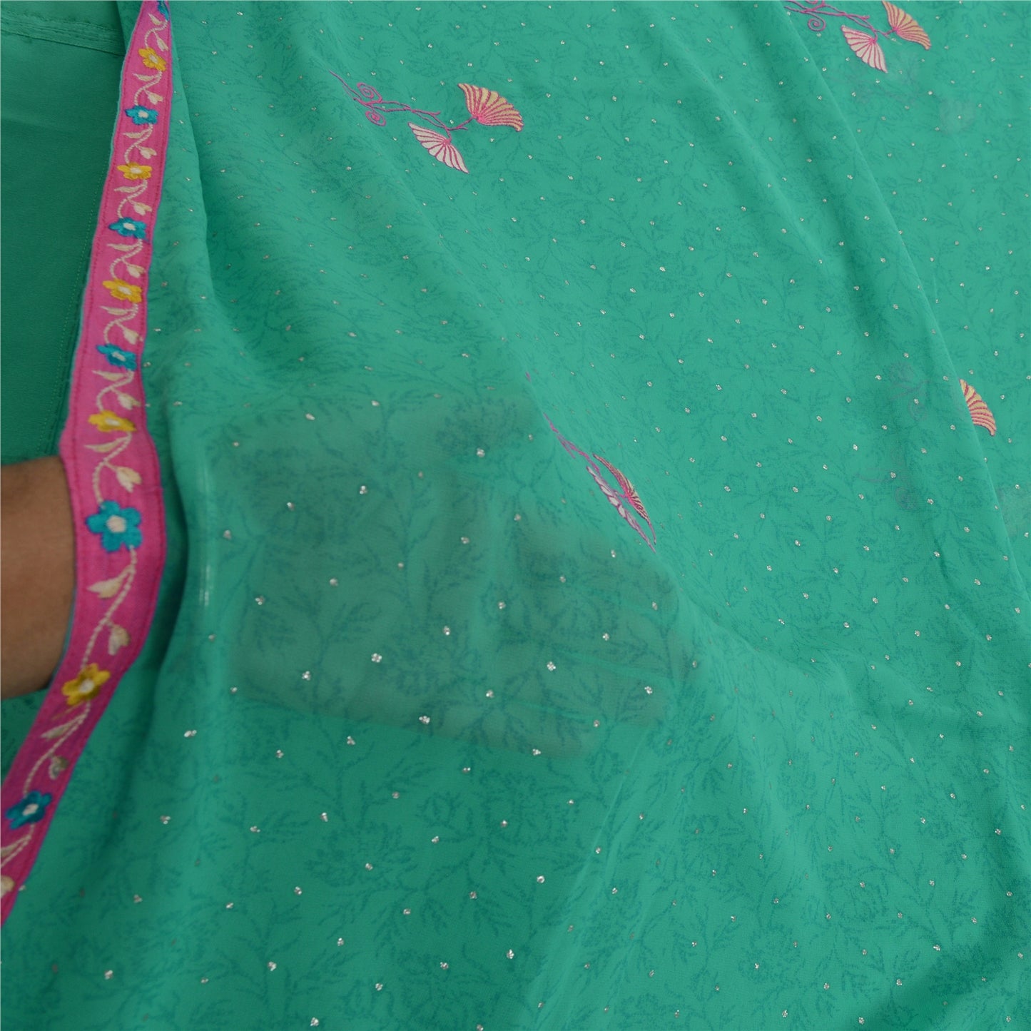 Sanskriti Vintage Sarees Green Ebroidered Mukesh Work Georgette Sari 5yd Sustainable Fabric