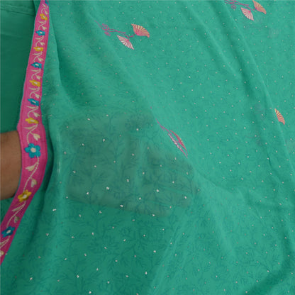 Sanskriti Vintage Sarees Green Ebroidered Mukesh Work Georgette Sari 5yd Sustainable Fabric