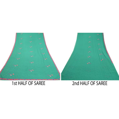 Sanskriti Vintage Sarees Green Ebroidered Mukesh Work Georgette Sari 5yd Sustainable Fabric