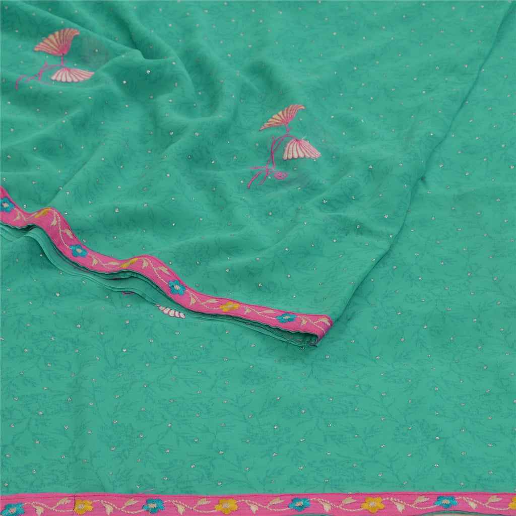 Sanskriti Vintage Sarees Green Ebroidered Mukesh Work Georgette Sari 5yd Sustainable Fabric