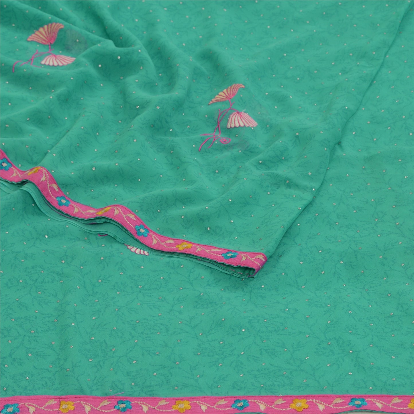 Sanskriti Vintage Sarees Green Ebroidered Mukesh Work Georgette Sari 5yd Sustainable Fabric