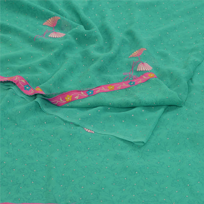 Sanskriti Vintage Sarees Green Ebroidered Mukesh Work Georgette Sari 5yd Sustainable Fabric