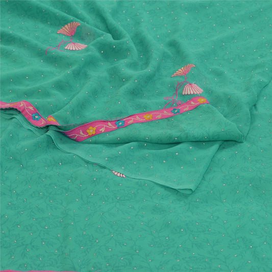 Sanskriti Vintage Sari Georgette Green Embroidered Mukesh Work 5Yd Saree Craft Suppy Fabric Home Decor, Women Floral Outfit, Silk Scrap