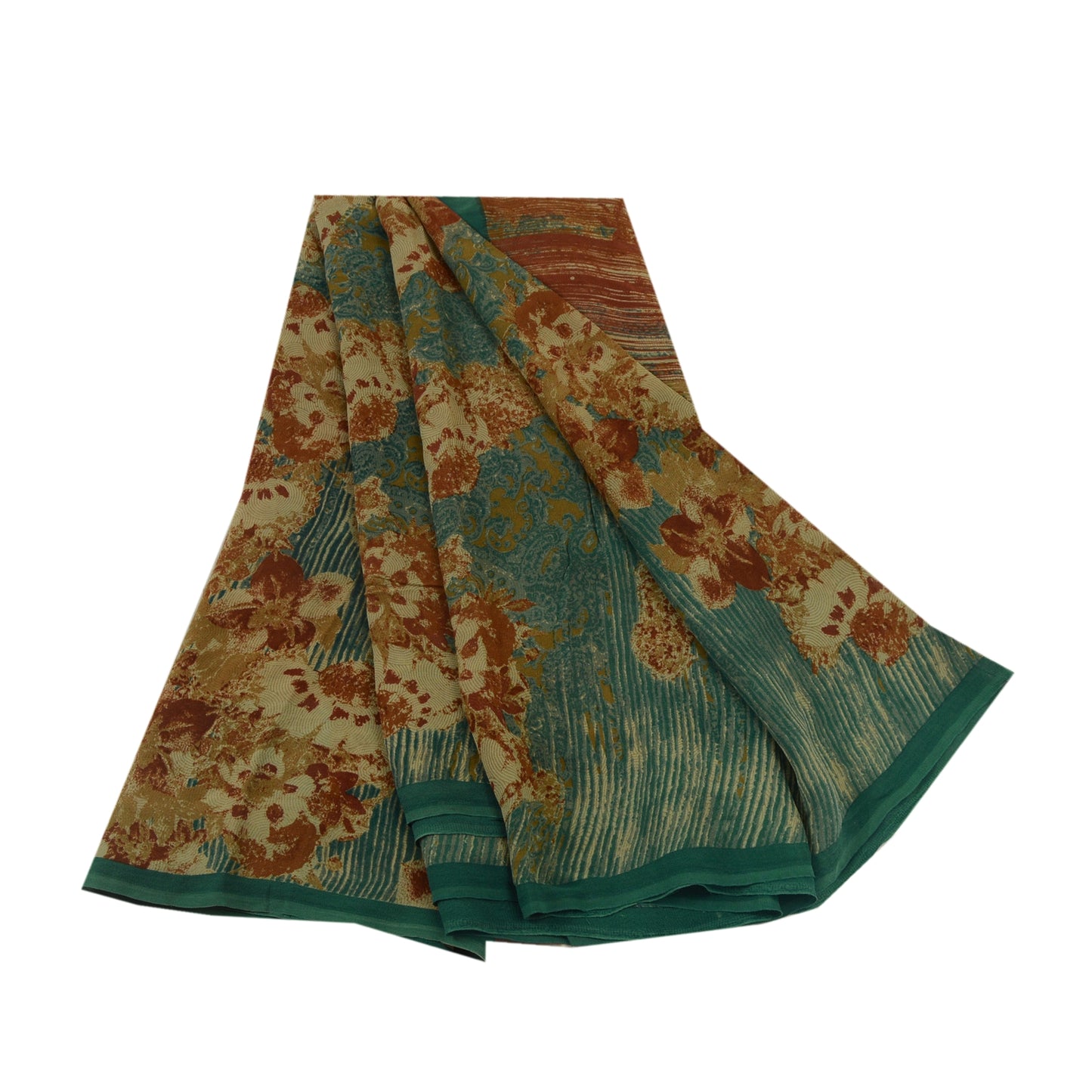 Sanskriti Vintage Sarees Green Printed Pure Georgette Silk Sari 5yd Craft Sustainable Fabric