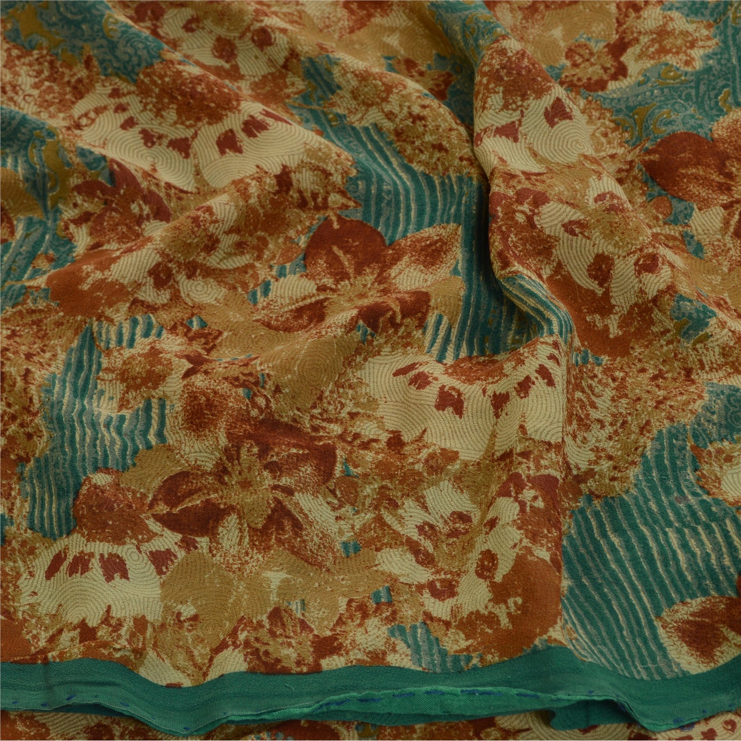 Sanskriti Vintage Sarees Green Printed Pure Georgette Silk Sari 5yd Craft Sustainable Fabric