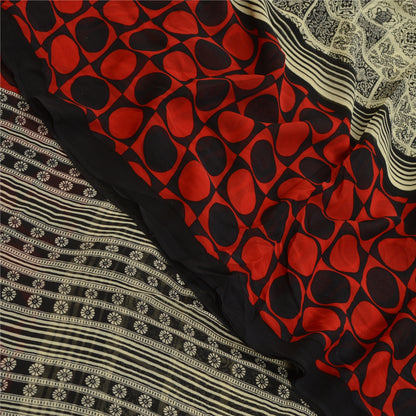 Санскритские винтажные сари черно-красный чистый шелк жоржет с принтом сари ремесло устойчивая ткань