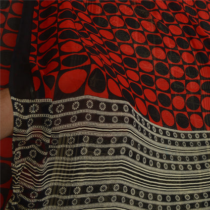 Санскритские винтажные сари черно-красный чистый шелк жоржет с принтом сари ремесло устойчивая ткань