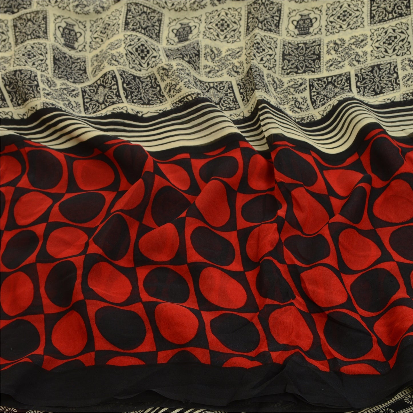 Санскритские винтажные сари черно-красный чистый шелк жоржет с принтом сари ремесло устойчивая ткань