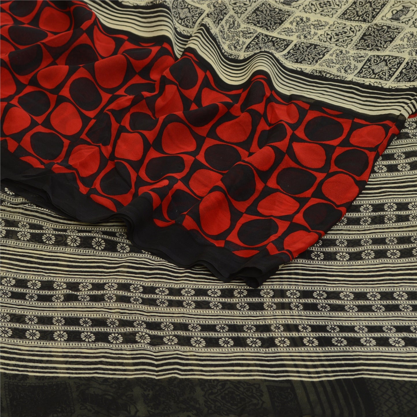 Санскритские винтажные сари черно-красный чистый шелк жоржет с принтом сари ремесло устойчивая ткань