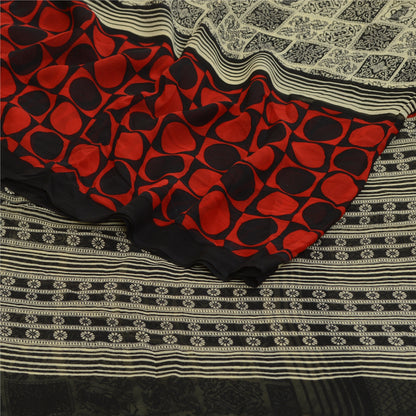 Санскритские винтажные сари черно-красный чистый шелк жоржет с принтом сари ремесло устойчивая ткань