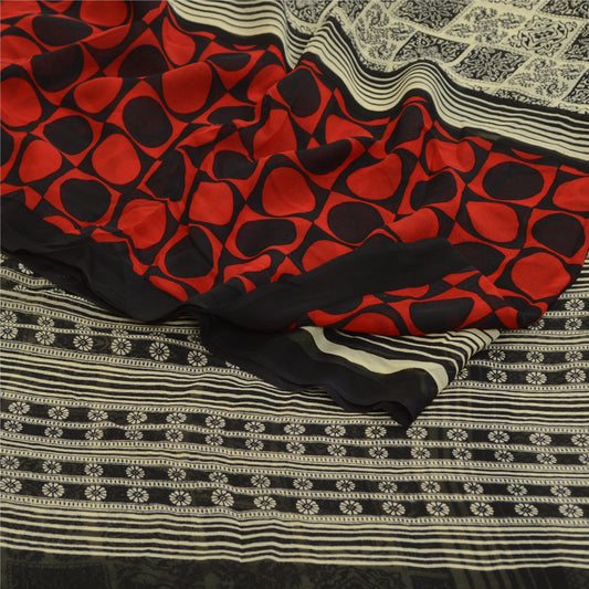 Sanskriti Vintage Sarees Black-Red Pure Georgette Silk Printed Sari Craft Sustainable Fabric