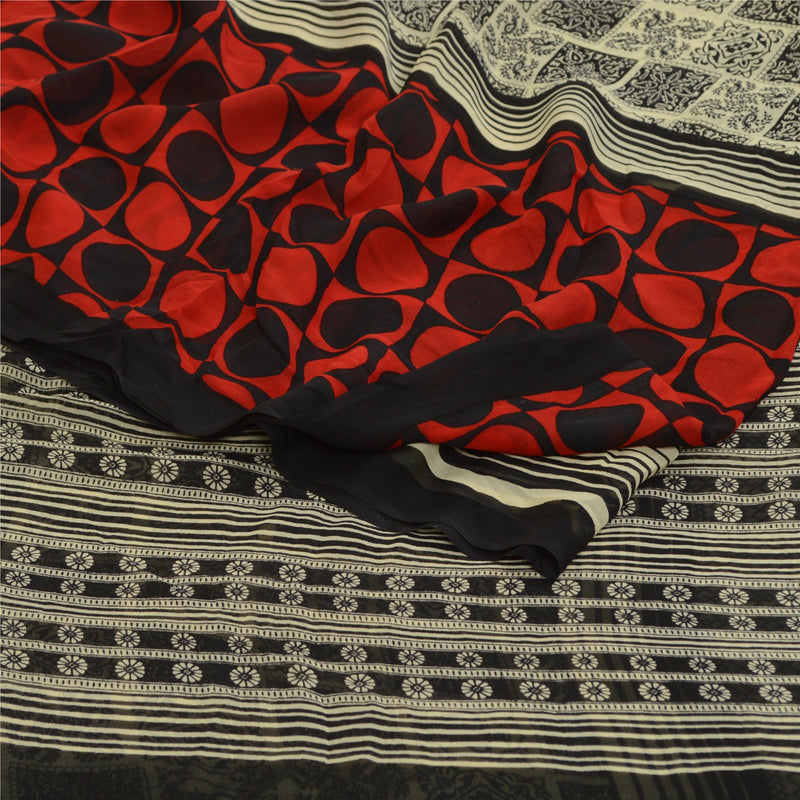 Sanskriti Vintage Sarees Black-Red Pure Georgette Silk Printed Sari Craft Sustainable Fabric