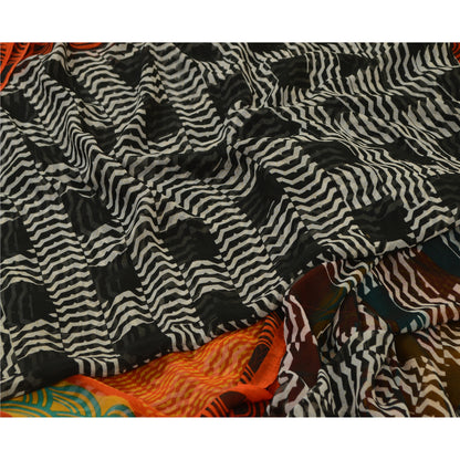 Sanskriti Vintage Sarees From India Black Georgette Printed Sari Craft Sustainable Fabric
