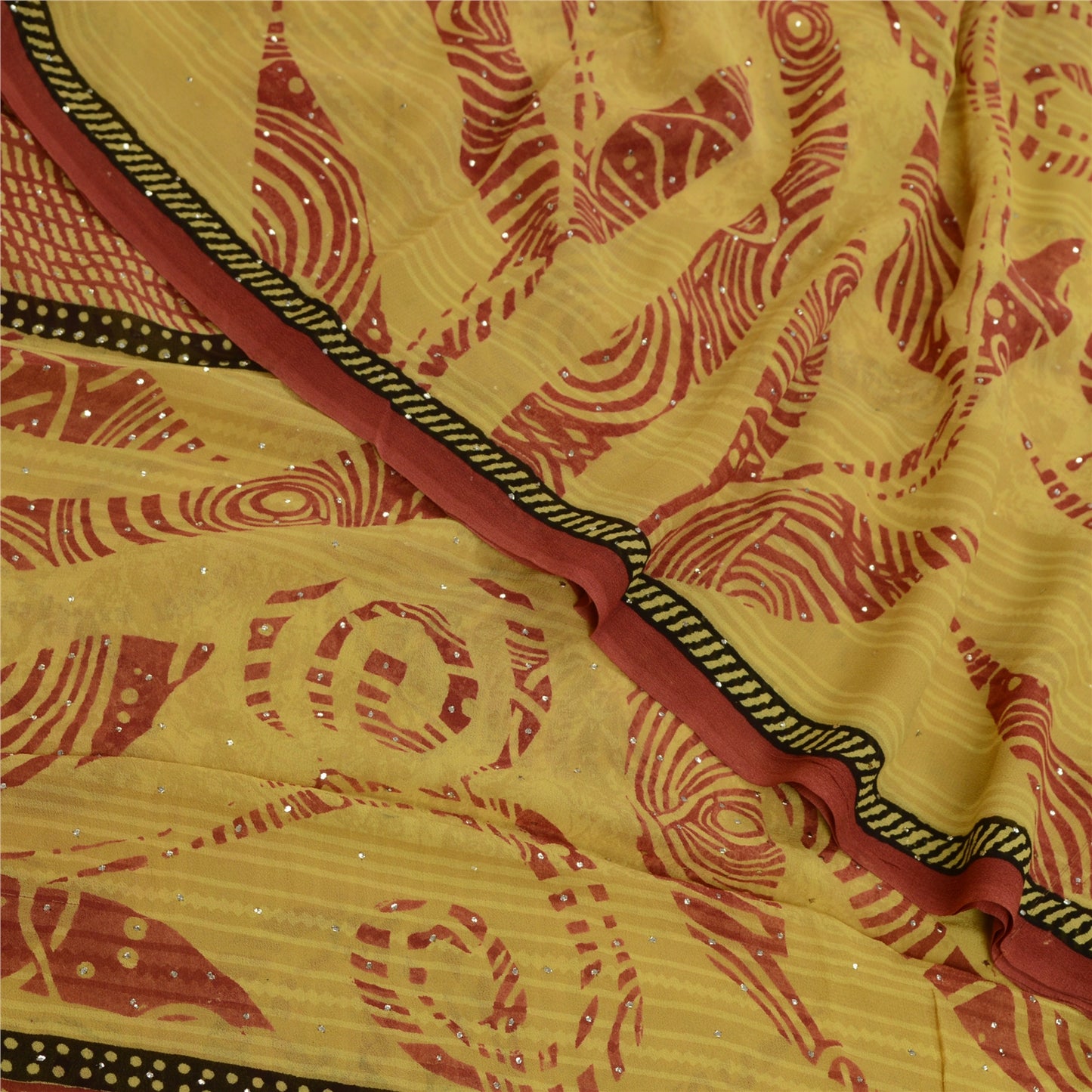 Sanskriti Vintage Sarees Green-Red Mukesh Pure Georgette Silk Print Sari Sustainable Fabric