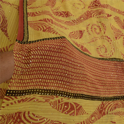 Sanskriti Vintage Sarees Green-Red Mukesh Pure Georgette Silk Print Sari Sustainable Fabric