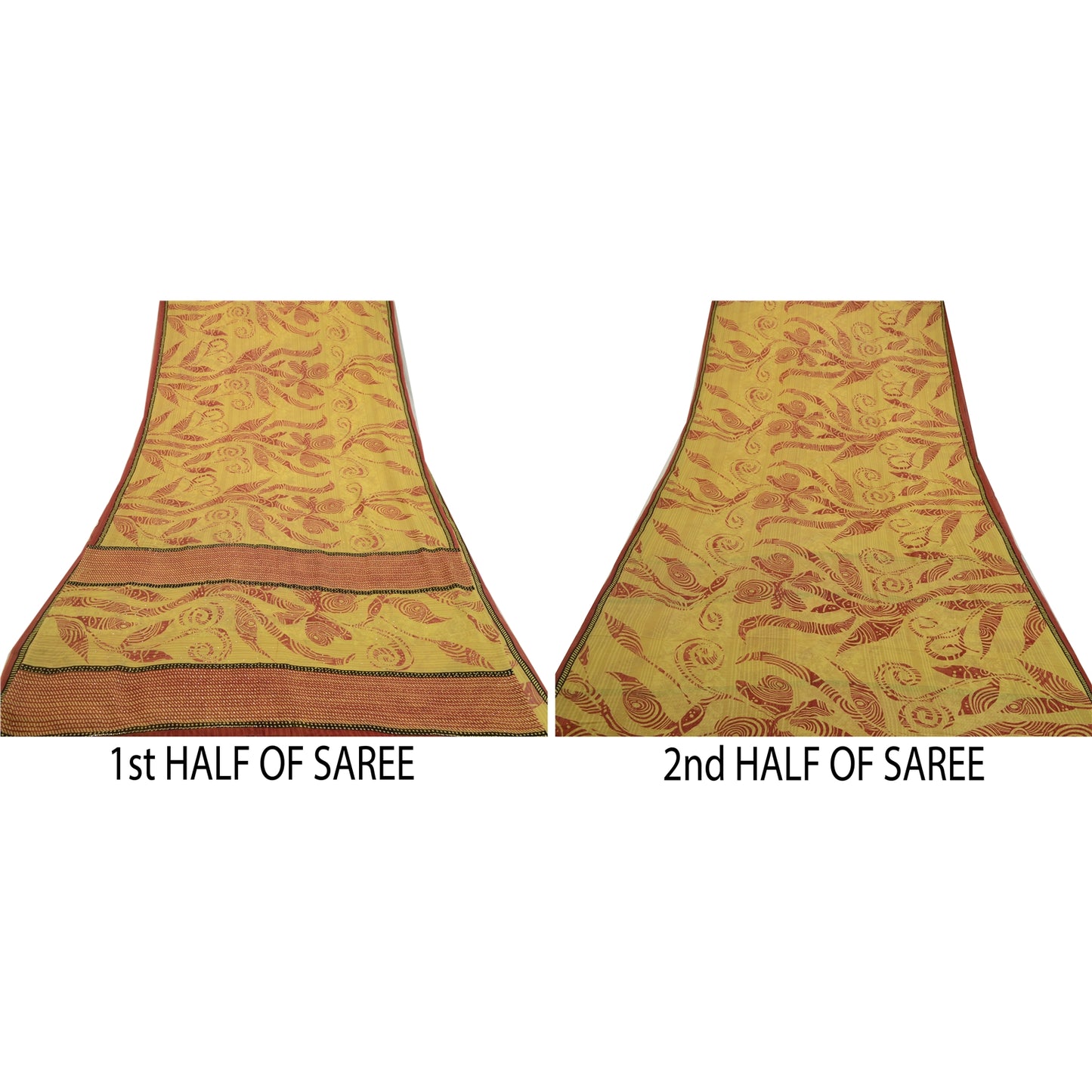 Sanskriti Vintage Sarees Green-Red Mukesh Pure Georgette Silk Print Sari Sustainable Fabric