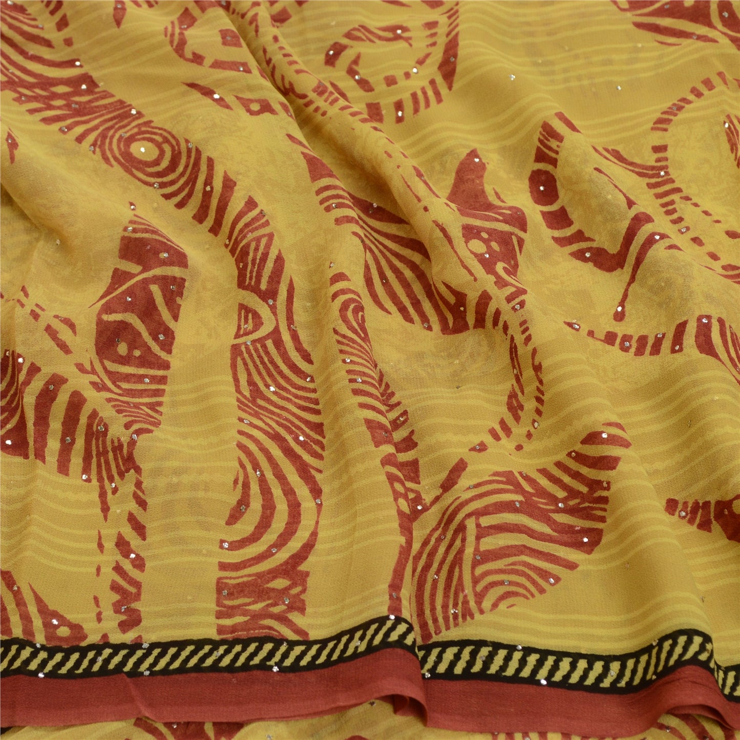 Sanskriti Vintage Sarees Green-Red Mukesh Pure Georgette Silk Print Sari Sustainable Fabric