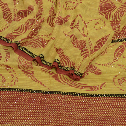Sanskriti Vintage Sarees Green-Red Mukesh Pure Georgette Silk Print Sari Sustainable Fabric