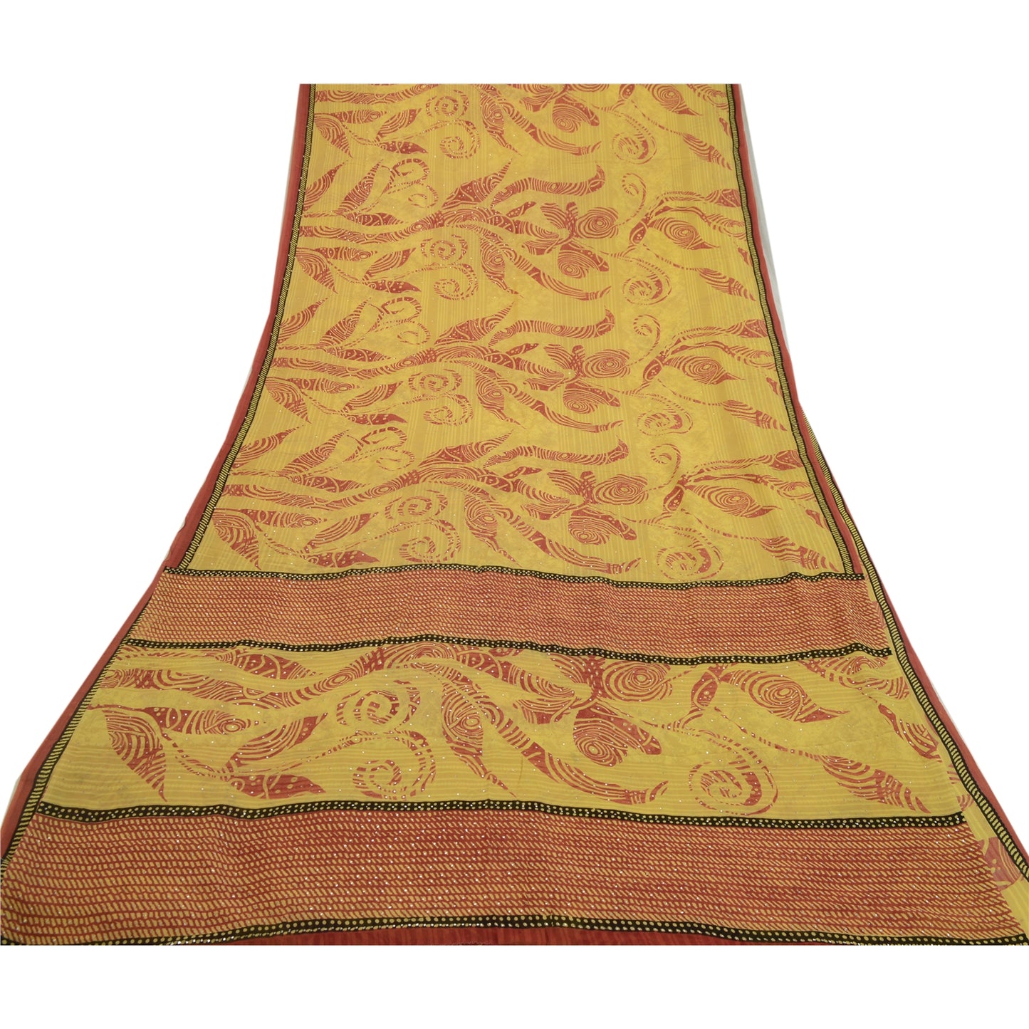 Sanskriti Vintage Sarees Green-Red Mukesh Pure Georgette Silk Print Sari Sustainable Fabric