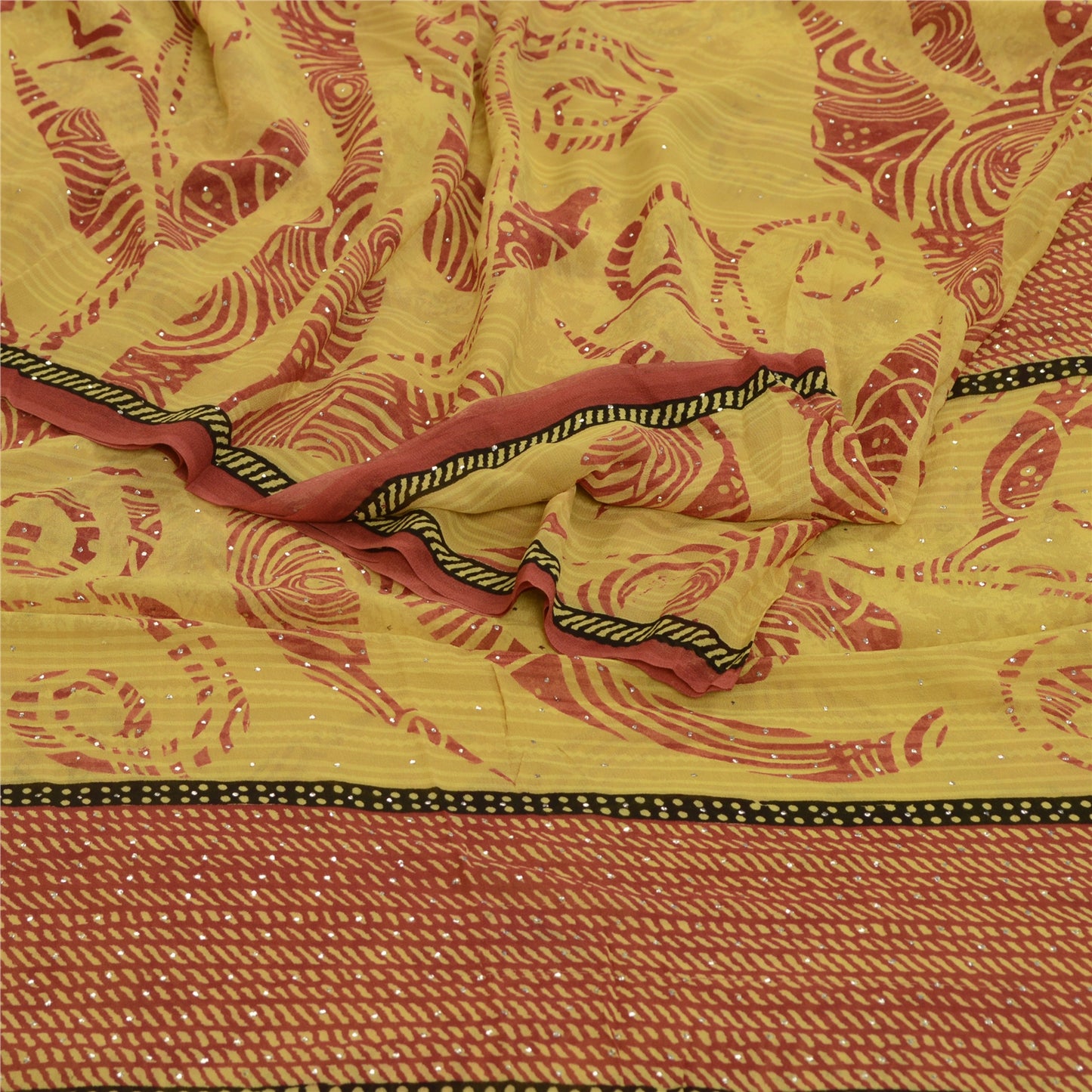 Sanskriti Vintage Sarees Green-Red Mukesh Pure Georgette Silk Print Sari Sustainable Fabric