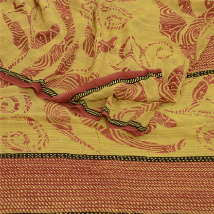 Sanskriti Vintage Sarees Green-Red Mukesh Pure Georgette Silk Print Sari Sustainable Fabric