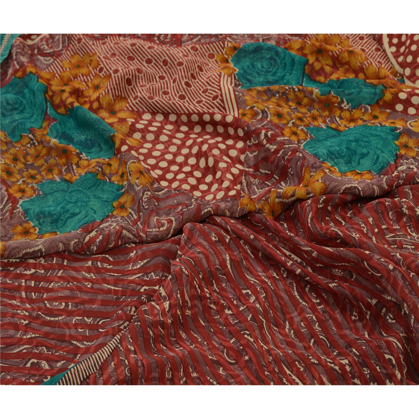 Sanskriti Vintage Sarees Red Pure Georgette Silk Printed Sari Soft Craft Sustainable Fabric