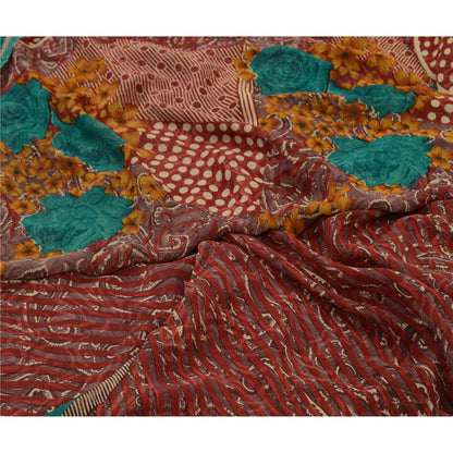 Sanskriti Vintage Sarees Red Pure Georgette Silk Printed Sari Soft Craft Sustainable Fabric