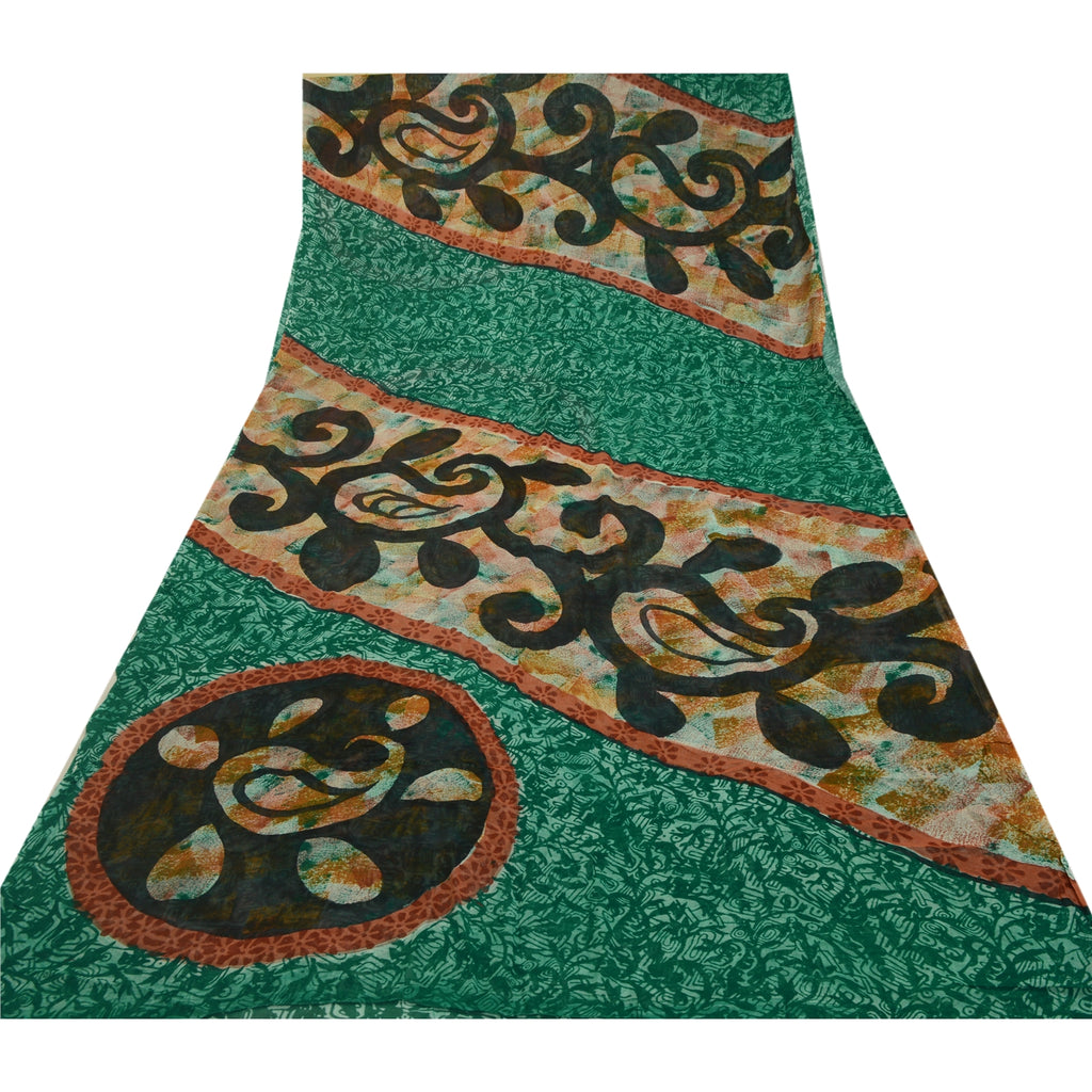 Sanskriti Vintage Sarees Indian Green Blend Georgette Printed Sari Craft Sustainable Fabric