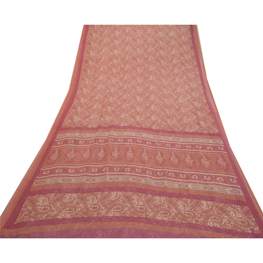 Sanskriti vintage sarier fra Indien i lyserødt georgette-trykt sari, 5 m håndværk i bæredygtigt stof