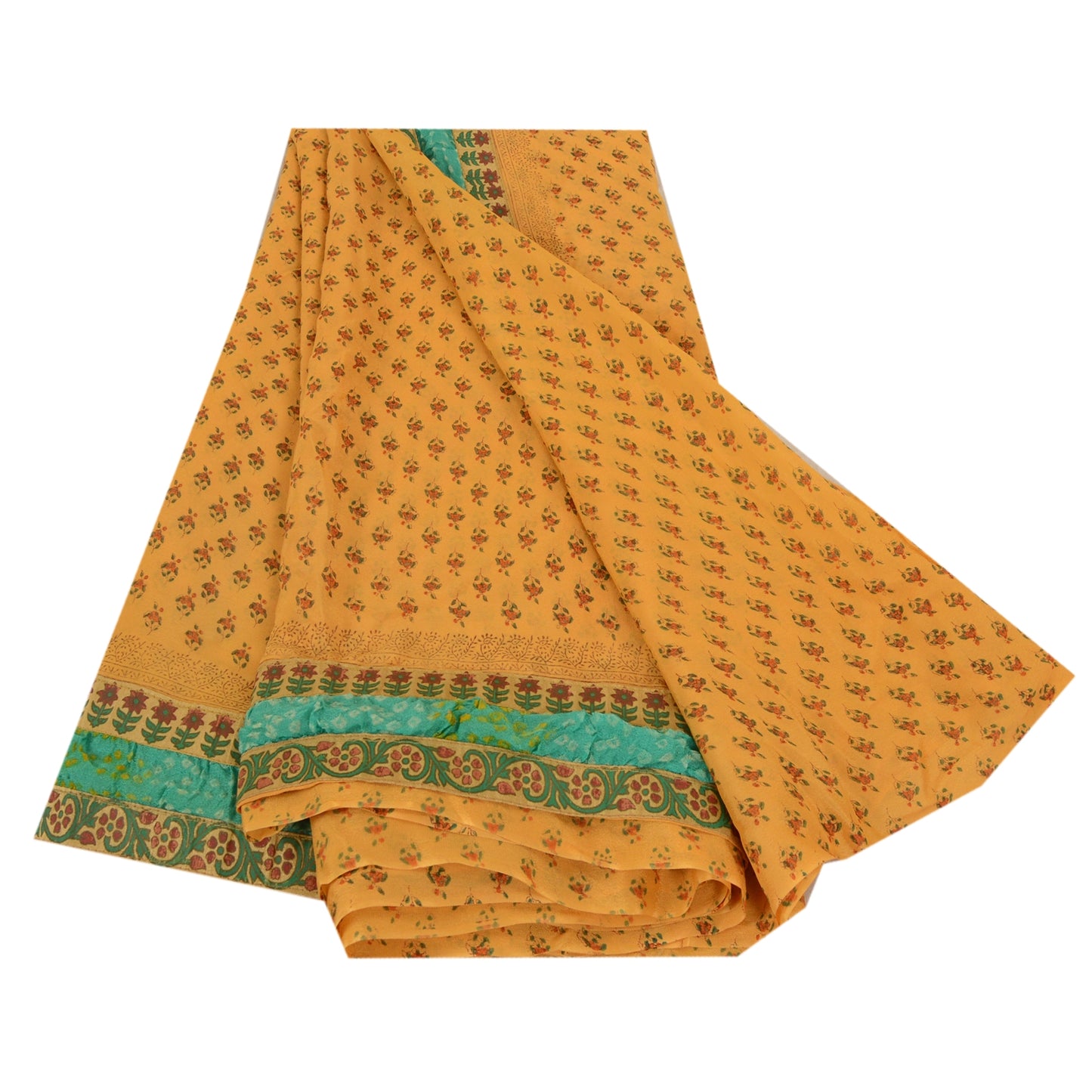 Sanskriti Vintage Sarees Yellow Blend Georgette Printed Sari 5yd Craft Sustainable Fabric