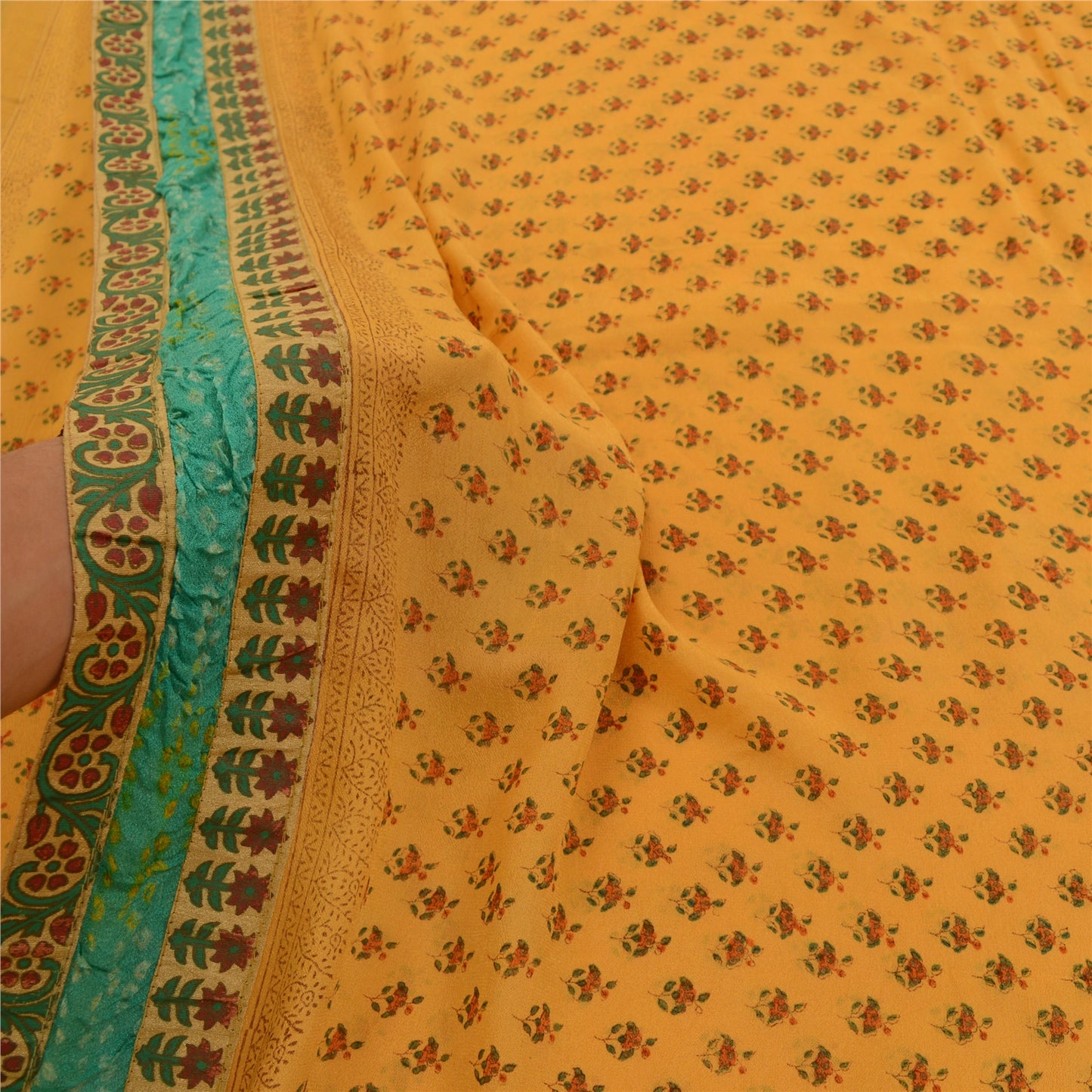 Sanskriti Vintage Sarees Yellow Blend Georgette Printed Sari 5yd Craft Sustainable Fabric